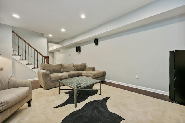 177 S Ave Unit 6, New Canaan, CT 06840 - living area with recessed lighting, wood finished floors, baseboards, and stairway