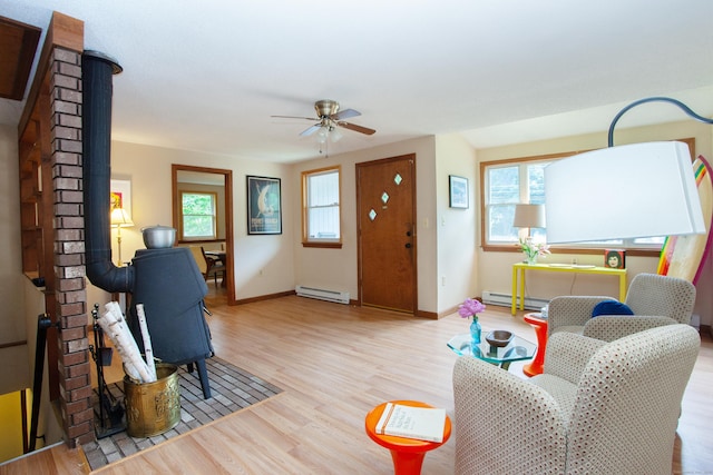 6 Cadwell St, West Hartford, CT 06107 - living area featuring a baseboard radiator, wood finished floors, ceiling fan, and a wood stove