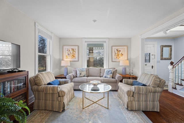 70 River Rd, East Haddam, CT 06423 - living room with stairway and wood finished floors