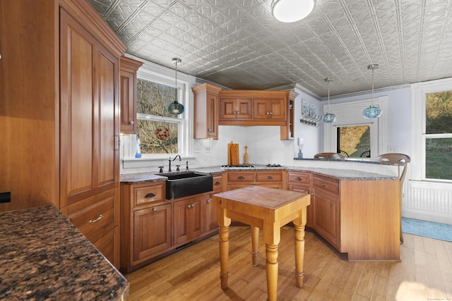 70 River Rd, East Haddam, CT 06423 - kitchen featuring a sink, a peninsula, an ornate ceiling, light wood-style flooring, and brown cabinetry
