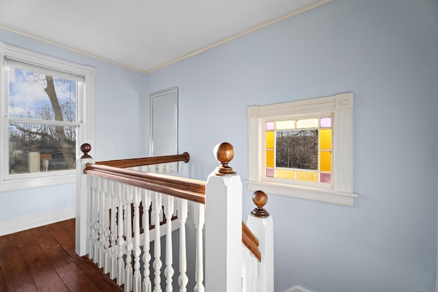 70 River Rd, East Haddam, CT 06423 - hall with an upstairs landing, dark wood-style flooring, ornamental molding, and healthy amount of natural light