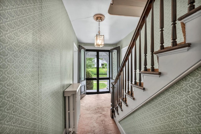 44 Maple Ave, Canton, CT 06019 - entryway featuring carpet flooring, wallpapered walls, and stairs