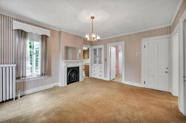 44 Maple Ave, Canton, CT 06019 - unfurnished living room with wallpapered walls, ornamental molding, a chandelier, carpet flooring, and a fireplace