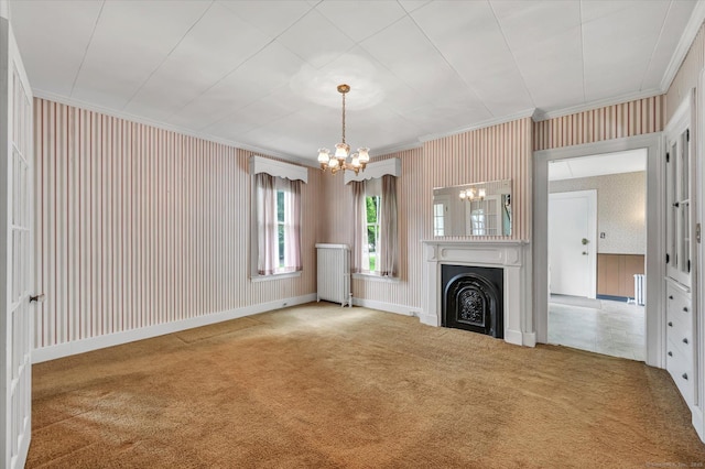 44 Maple Ave, Canton, CT 06019 - unfurnished living room with a chandelier, crown molding, carpet, wallpapered walls, and radiator heating unit