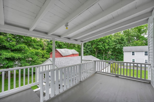 44 Maple Ave, Canton, CT 06019 - wooden terrace with an outdoor structure and view of wooded area