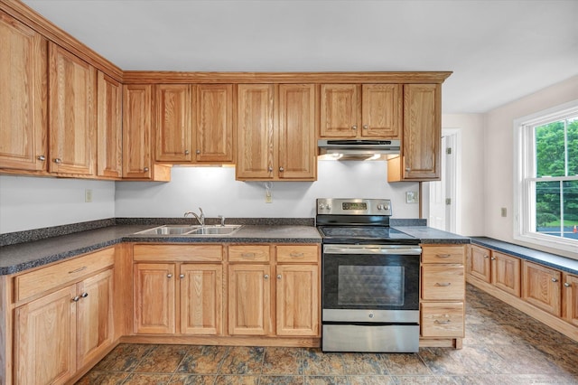 44 Maple Ave, Canton, CT 06019 - kitchen with stainless steel range with electric stovetop, ventilation hood, a sink, and stone finish flooring