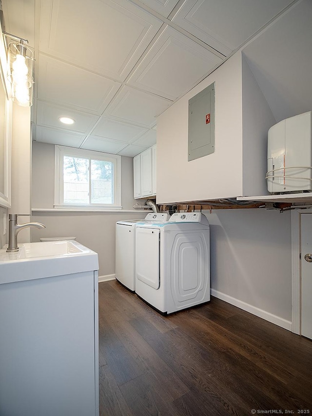 179 Anns Farm Rd, Hamden, CT 06518 - washroom with washer and dryer, electric panel, dark wood finished floors, baseboards, and cabinet space