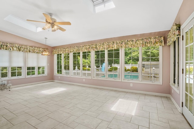 27 Kitcher Ct, Trumbull, CT 06611 - unfurnished sunroom featuring a skylight, lofted ceiling, healthy amount of natural light, a chandelier, and baseboards