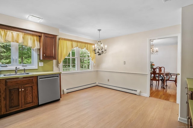 27 Kitcher Ct, Trumbull, CT 06611 - kitchen with stainless steel dishwasher, a sink, a chandelier, light wood-type flooring, and light countertops