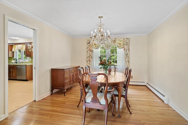 27 Kitcher Ct, Trumbull, CT 06611 - dining area featuring light wood-style floors, a chandelier, crown molding, baseboards, and a baseboard heating unit