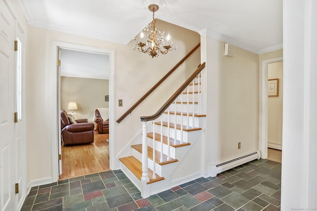 27 Kitcher Ct, Trumbull, CT 06611 - staircase featuring a baseboard radiator, a chandelier, crown molding, stone finish floors, and baseboards