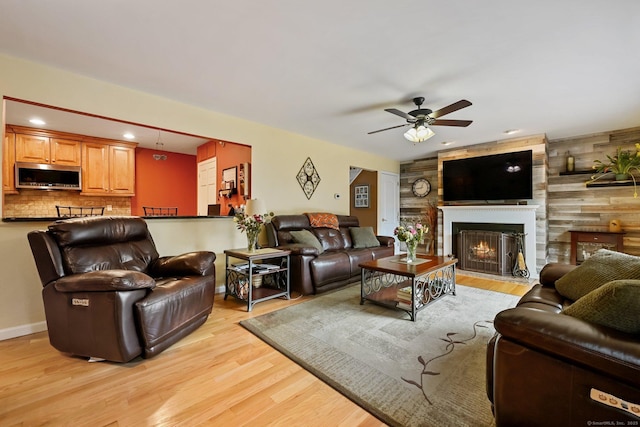 156 Governor Trumbull Way Unit 156, Trumbull, CT 06611 - living area featuring ceiling fan, light wood-type flooring, a fireplace with flush hearth, and recessed lighting