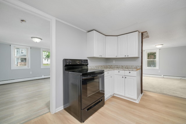 74 Mill St, Middletown, CT 06457 - kitchen with black range with electric cooktop, baseboard heating, light wood finished floors, and a textured ceiling