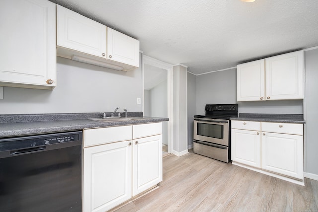 74 Mill St, Middletown, CT 06457 - kitchen featuring stainless steel electric range oven, dishwasher, light wood finished floors, white cabinets, and a textured ceiling