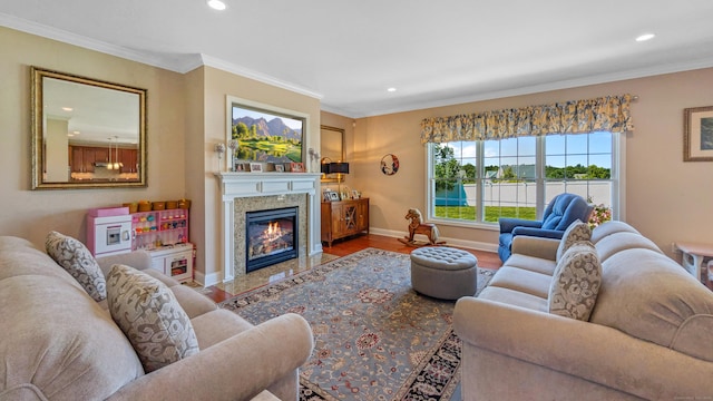 753 N Farms Rd, Wallingford, CT 06492 - living area with ornamental molding, a fireplace, recessed lighting, baseboards, and wood finished floors