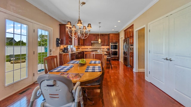 753 N Farms Rd, Wallingford, CT 06492 - dining space featuring a chandelier, dark wood-type flooring, ornamental molding, baseboards, and recessed lighting