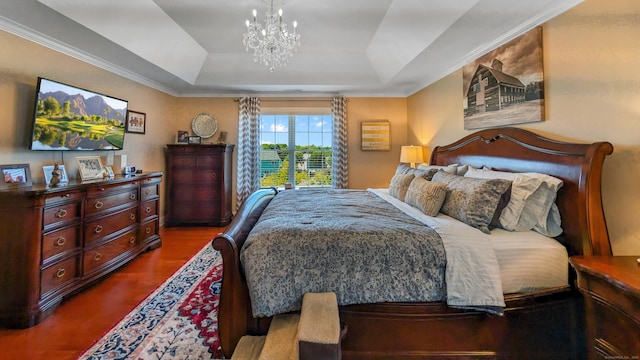 753 N Farms Rd, Wallingford, CT 06492 - bedroom featuring a tray ceiling, dark wood-style flooring, a chandelier, and crown molding