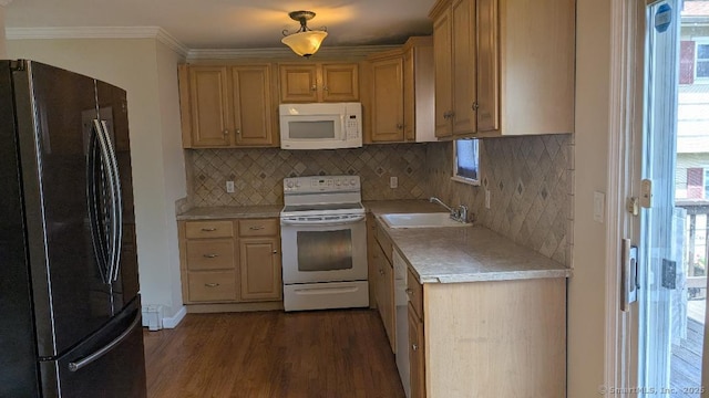 70 Lantern Park Dr Unit 1, Naugatuck, CT 06770 - kitchen with white appliances, a sink, light countertops, dark wood-type flooring, and backsplash