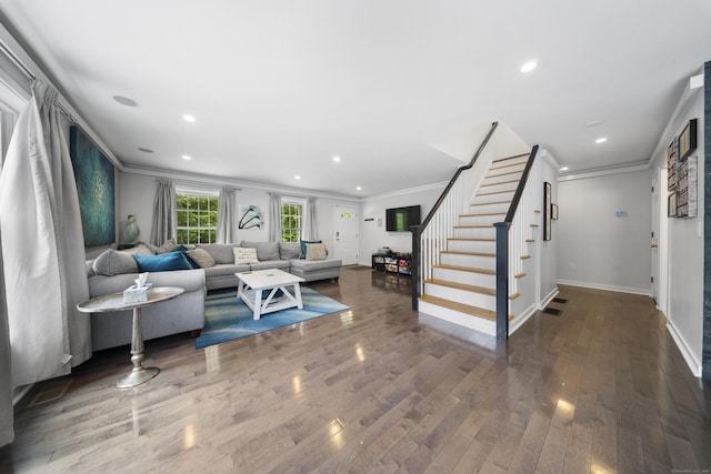 108 Hamburg Rd, Lyme, CT 06371 - living area featuring ornamental molding, stairway, wood finished floors, baseboards, and recessed lighting