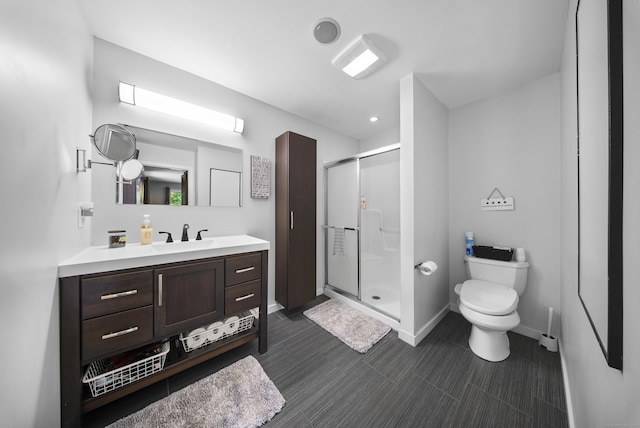 108 Hamburg Rd, Lyme, CT 06371 - full bath with vanity, a shower stall, toilet, baseboards, and recessed lighting