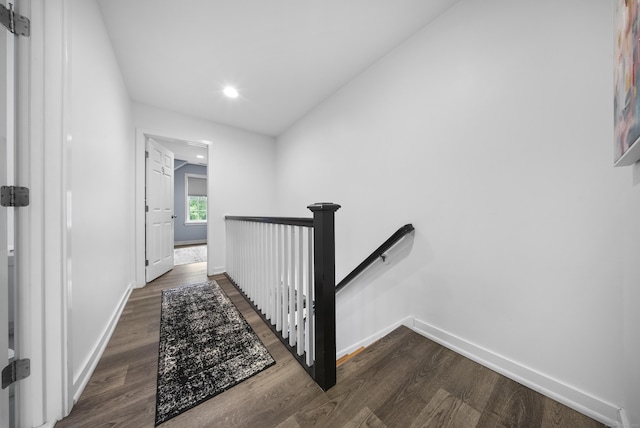 108 Hamburg Rd, Lyme, CT 06371 - hallway with an upstairs landing, dark wood-type flooring, baseboards, and recessed lighting