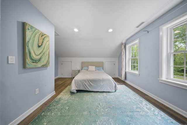 108 Hamburg Rd, Lyme, CT 06371 - bedroom featuring dark wood-type flooring, baseboards, vaulted ceiling, and recessed lighting