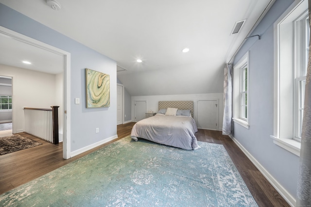 108 Hamburg Rd, Lyme, CT 06371 - bedroom with wood finished floors, baseboards, lofted ceiling, and recessed lighting