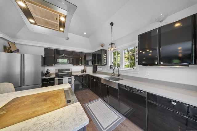 108 Hamburg Rd, Lyme, CT 06371 - kitchen featuring black appliances, dark cabinetry, lofted ceiling, a sink, and dark wood-type flooring