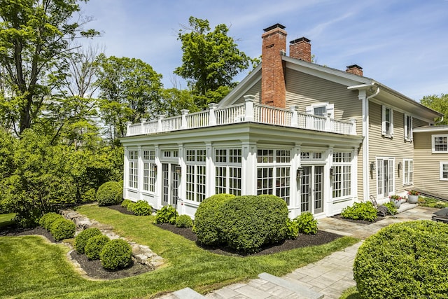 354 Rte 7 N, Canaan, CT 06031 - rear view of property featuring a balcony, french doors, a chimney, and a patio