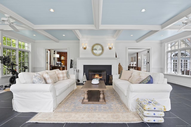 354 Rte 7 N, Canaan, CT 06031 - living area featuring ceiling fan, healthy amount of natural light, crown molding, beam ceiling, and a large fireplace