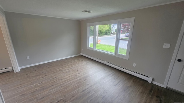 3 Norwood Ave, New London, CT 06320 - unfurnished room featuring baseboard heating, ornamental molding, wood finished floors, and baseboards