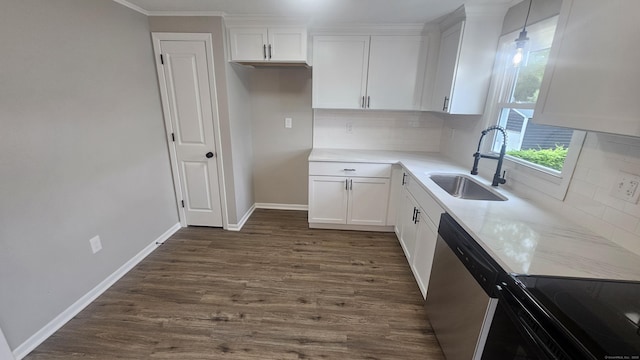 3 Norwood Ave, New London, CT 06320 - kitchen with a sink, white cabinets, tasteful backsplash, stainless steel dishwasher, and ornamental molding