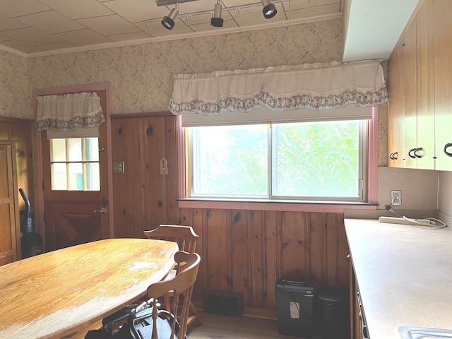 47 Devaux Rd, Torrington, CT 06790 - kitchen featuring plenty of natural light, light countertops, wallpapered walls, crown molding, and wooden walls