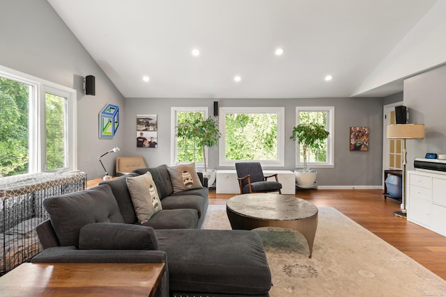 75 Skyview Dr, Trumbull, CT 06611 - living room with lofted ceiling, wood finished floors, recessed lighting, and baseboards