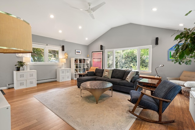 75 Skyview Dr, Trumbull, CT 06611 - living room featuring baseboard heating, vaulted ceiling, light wood-style flooring, recessed lighting, and a ceiling fan