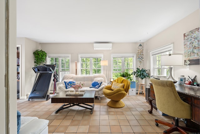 33 Crestview Dr, Brookfield, CT 06804 - living room with a wall mounted AC, plenty of natural light, an office area, and light tile patterned floors