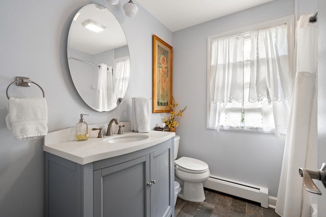 33 Crestview Dr, Brookfield, CT 06804 - bathroom with a baseboard radiator, vanity, toilet, a shower with curtain, and stone finish floors
