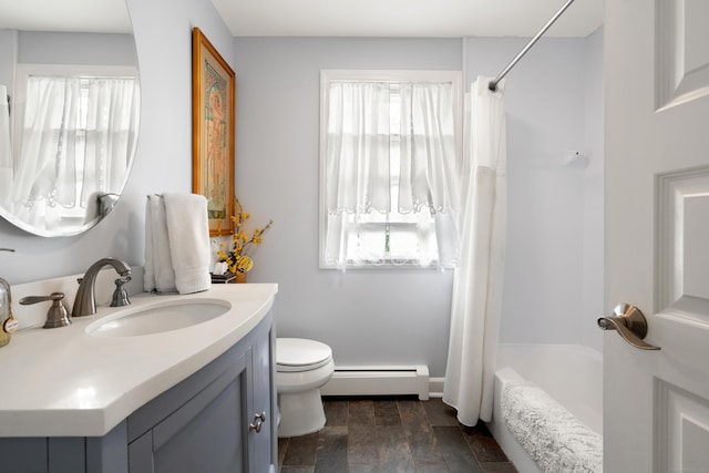 33 Crestview Dr, Brookfield, CT 06804 - bathroom featuring a baseboard radiator, vanity, shower / bath combo with shower curtain, toilet, and plenty of natural light