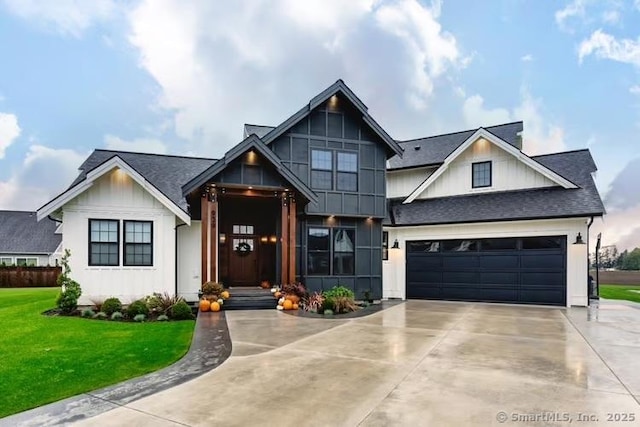 43B Saunders Hollow Rd, Old Lyme, CT 06371 - modern farmhouse with driveway, a front lawn, roof with shingles, and board and batten siding