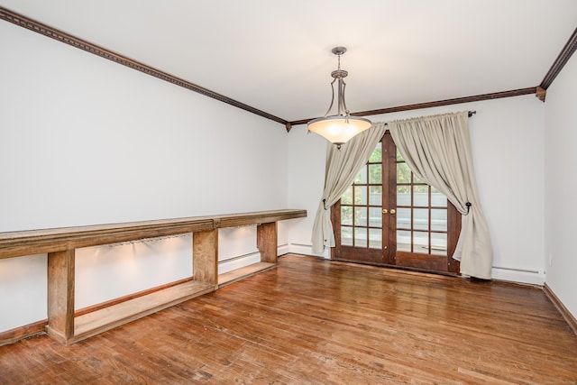 14 Old Bridge Rd W, New Fairfield, CT 06812 - unfurnished dining area with french doors, crown molding, wood finished floors, a baseboard radiator, and baseboards