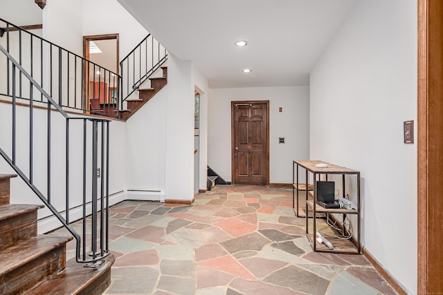14 Old Bridge Rd W, New Fairfield, CT 06812 - foyer entrance featuring stone flooring, stairway, baseboards, and recessed lighting