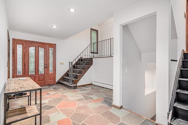 14 Old Bridge Rd W, New Fairfield, CT 06812 - entrance foyer with baseboard heating, stairs, light stone finish flooring, recessed lighting, and baseboards