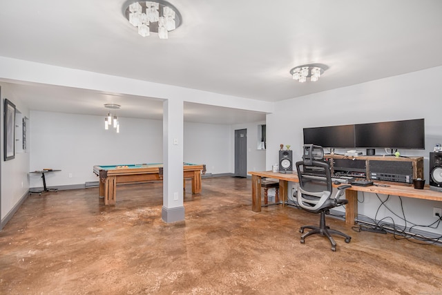 14 Old Bridge Rd W, New Fairfield, CT 06812 - office space featuring billiards table, concrete flooring, baseboards, a chandelier, and a baseboard radiator