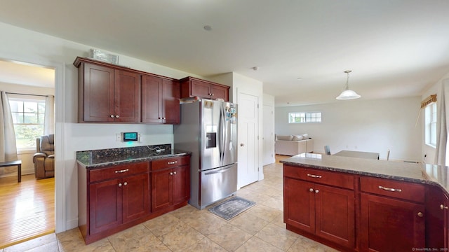 5 Old Village Cir, Windsor, CT 06095 - kitchen featuring stainless steel refrigerator with ice dispenser, dark brown cabinets, and pendant lighting
