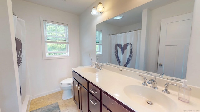 5 Old Village Cir, Windsor, CT 06095 - bathroom featuring double vanity, baseboards, toilet, tile patterned flooring, and a shower with shower curtain