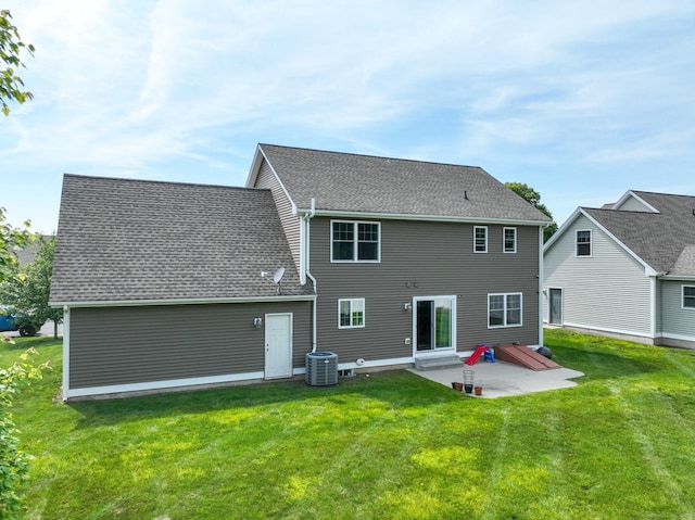 5 Old Village Cir, Windsor, CT 06095 - rear view of property featuring a patio, a yard, central air condition unit, and roof with shingles