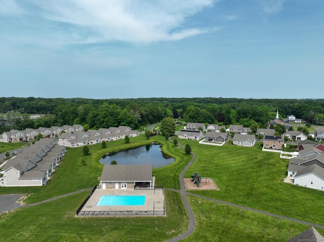 5 Old Village Cir, Windsor, CT 06095 - aerial overview of property's location with nearby suburban area, a pool area, and a large body of water