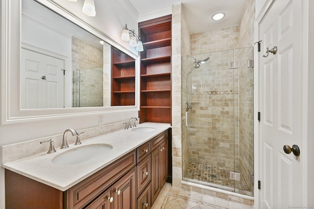 43 Harold St Unit B, Greenwich, CT 06807 - full bath with a stall shower, double vanity, ornamental molding, and tile patterned floors