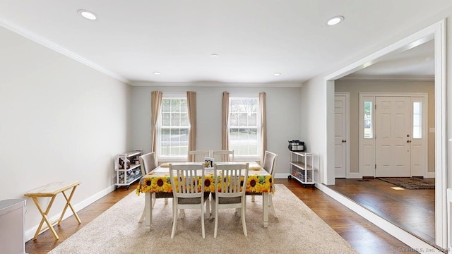 435 Maple Ave, Cheshire, CT 06410 - dining area with ornamental molding, dark wood finished floors, and recessed lighting