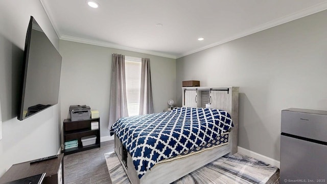 435 Maple Ave, Cheshire, CT 06410 - bedroom with freestanding refrigerator, ornamental molding, wood finished floors, and recessed lighting